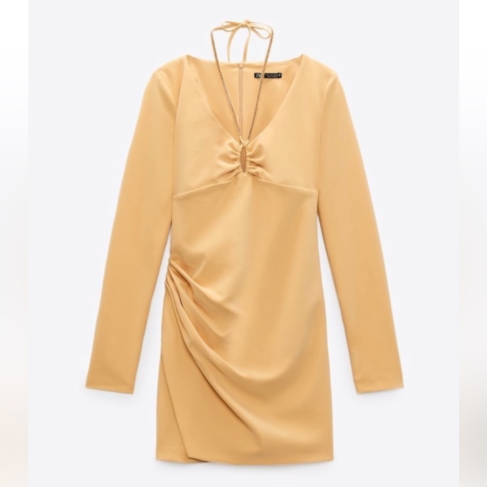 Zara Draped Wrap Jeweled Bow Tie Keyhole Long Sleeve Mini Dress